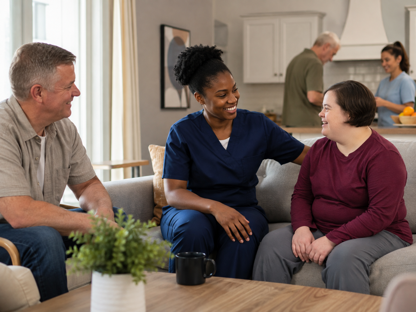 Healthcare professional supporting residents in a group home