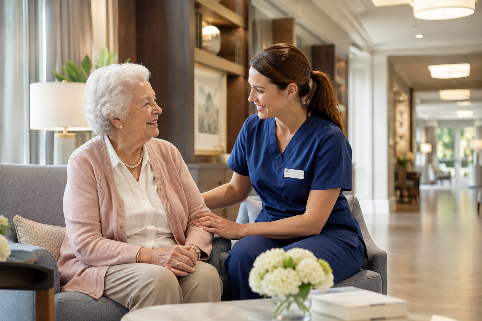Personal Support Worker supporting a senior in a retirement home